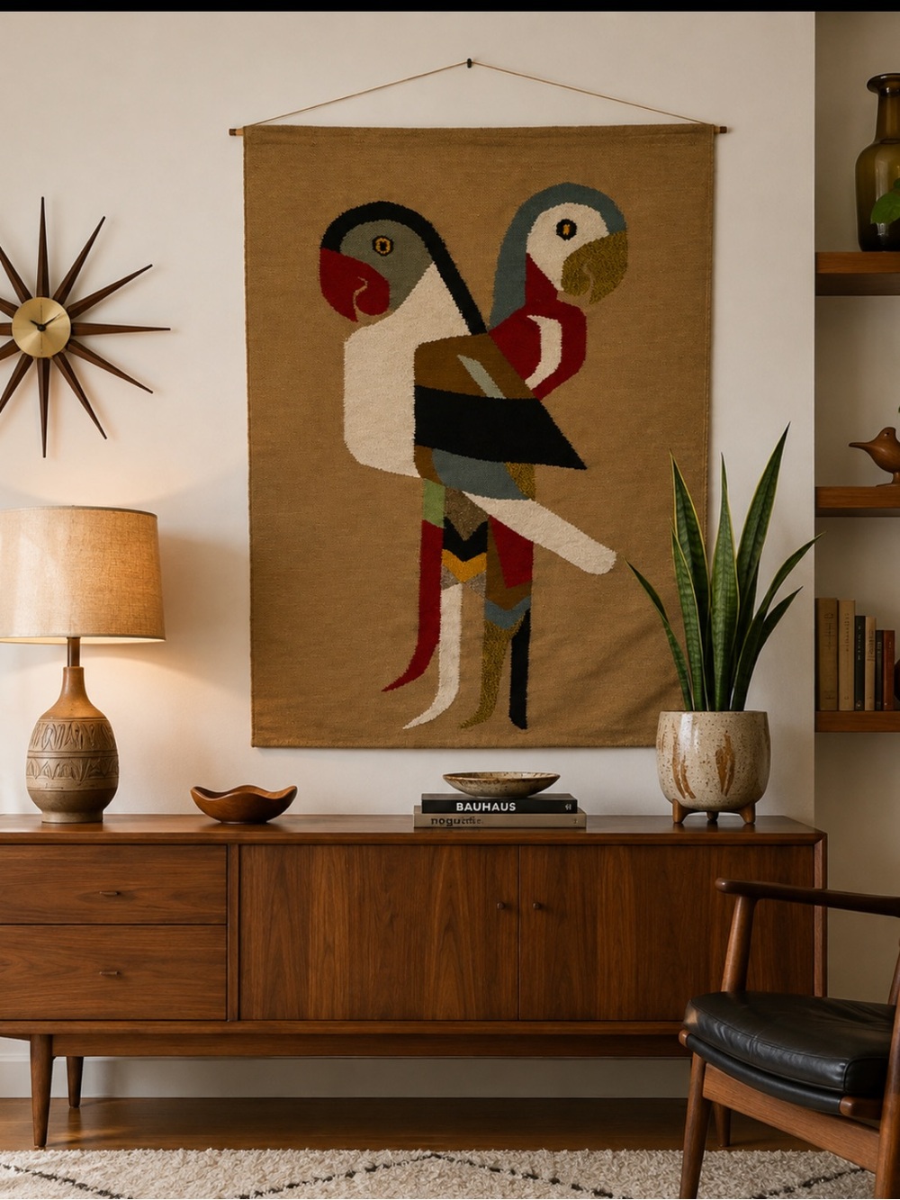 Vintage Ecuadorian Handwoven Parrot Wall Tapestry - Mid Century Modern